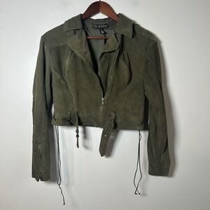 Vintage Ralph Lauren Suede Cropped Moto Jacket Olive Green Lace Up Detail Women‎